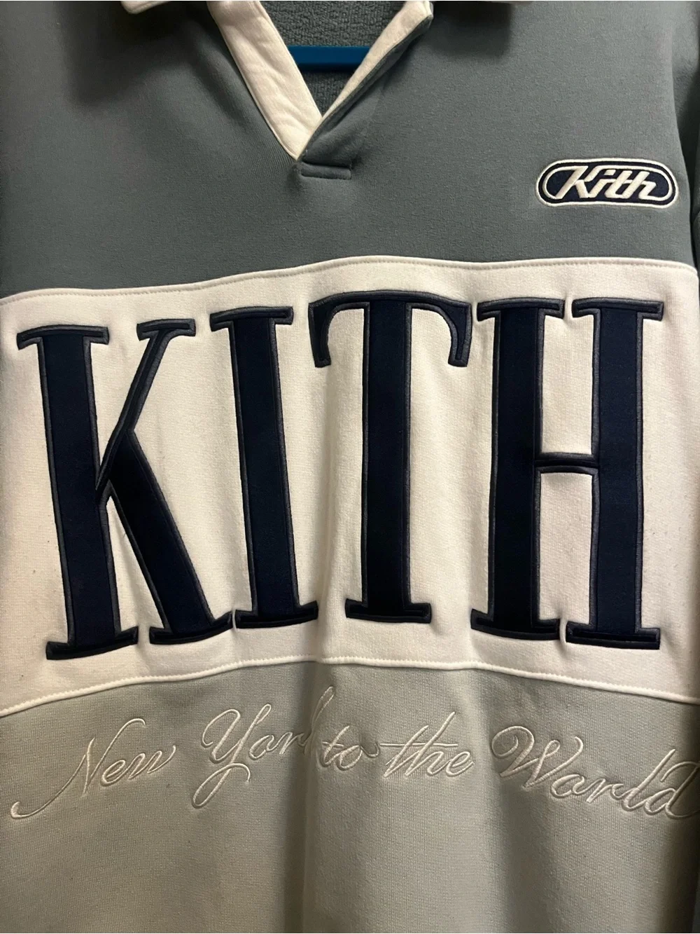 Kith Grey and Cream Rugby Crewneck with Bold KITH Panel